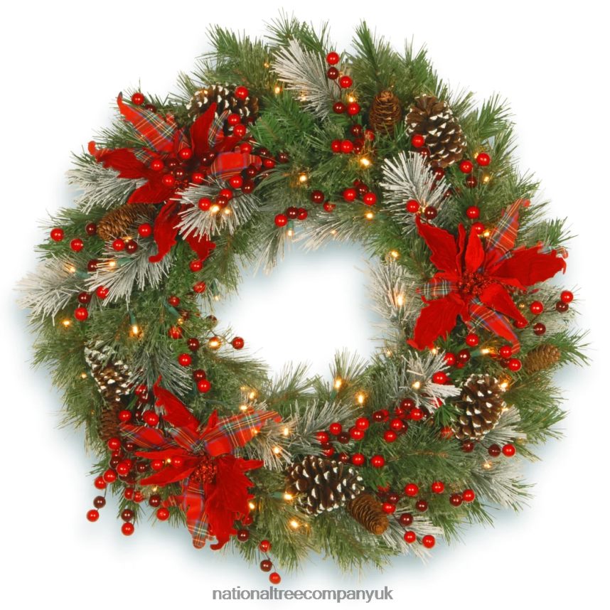 Greenery | National Tree Company Pre-Lit Artificial Christmas Wreath Green Tartan Plaid White Lights Decorated with Frosted Branches Pine Cones Berry Clusters Flowers Christmas Collection 30